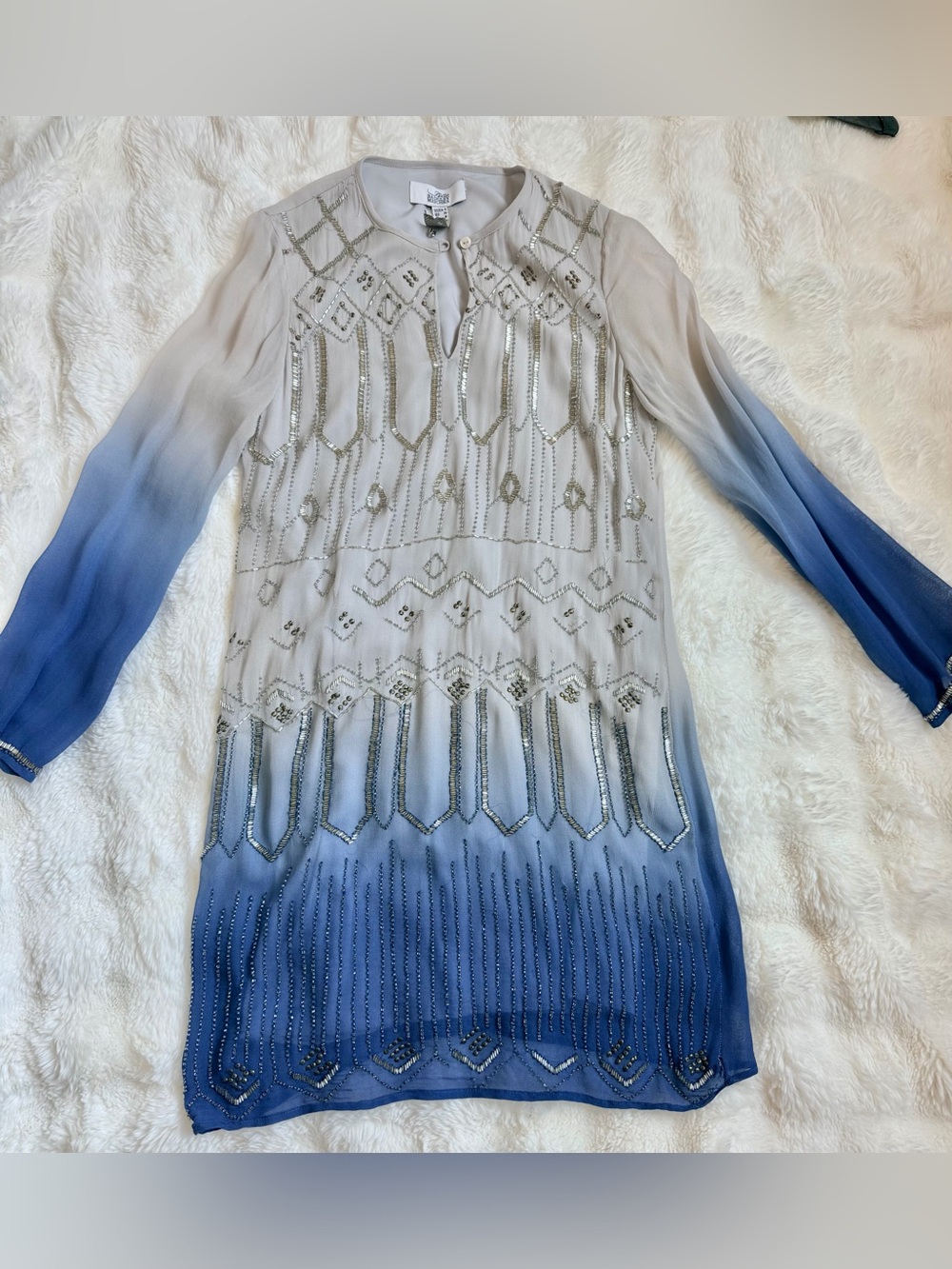 Badgley Mischka Ombre Blue to White Beaded Long Sleeve Dress